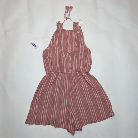 NWT Old Navy Boho Striped Salmon Pink Linen Cotton Blend Shorts Romper Small - Picture 2 of 9